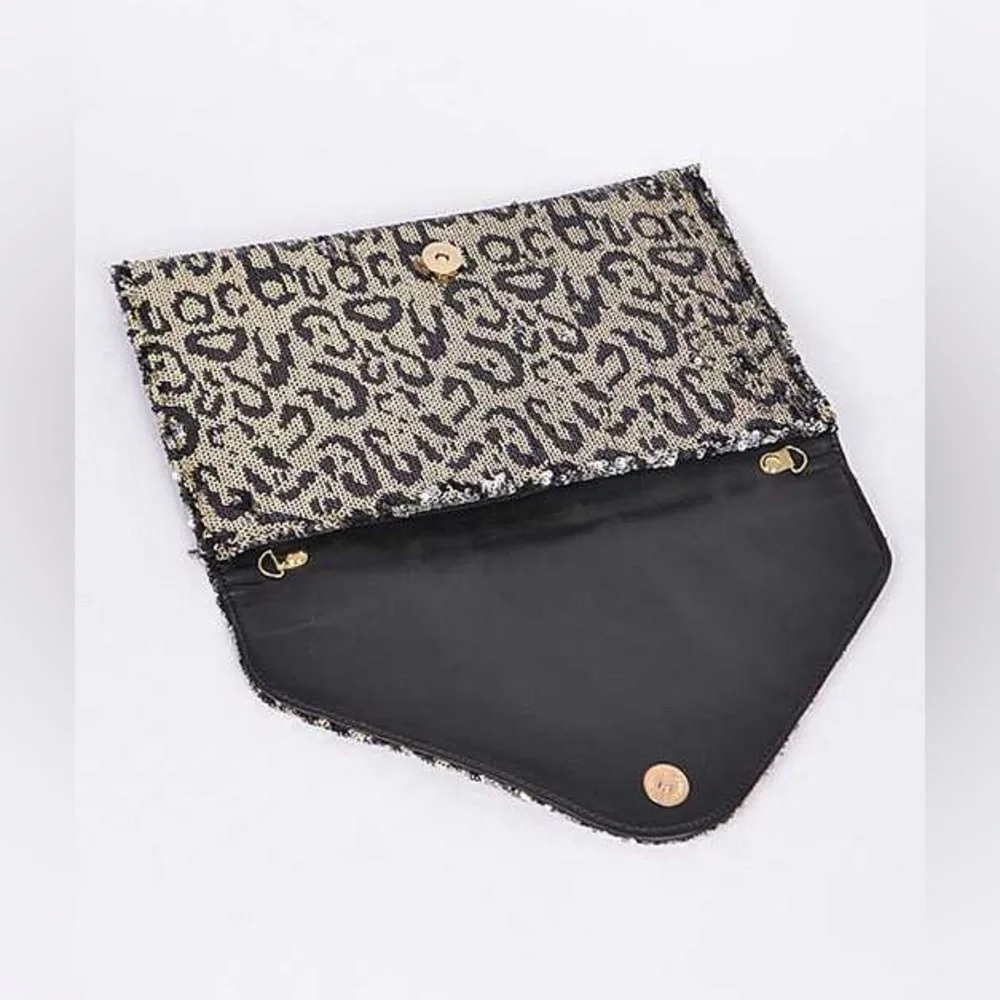 Large Gold & Black Sequin Leopard Animal Print Envelope Bag